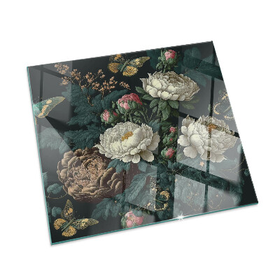 Glass hearth for wood stove rectangular Floral pattern with butterflies