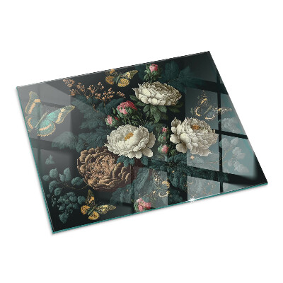 Glass hearth for wood stove rectangular Floral pattern with butterflies
