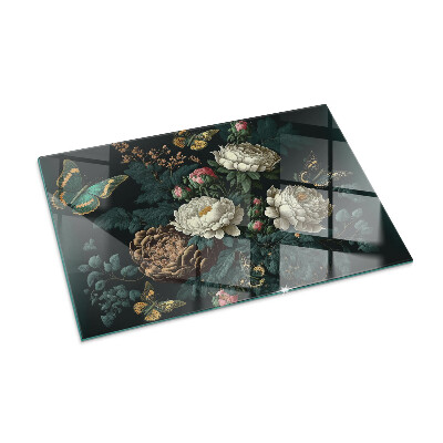 Glass hearth for wood stove rectangular Floral pattern with butterflies