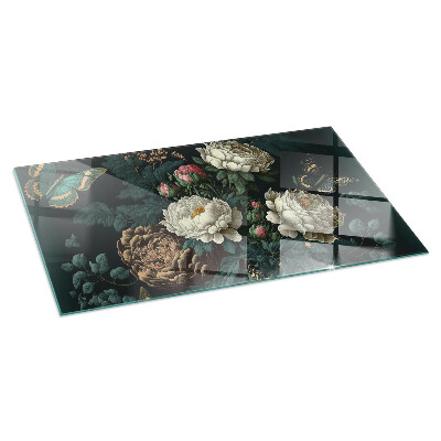 Glass hearth for wood stove rectangular Floral pattern with butterflies