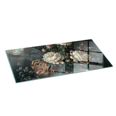 Glass hearth for wood stove rectangular Floral pattern with butterflies
