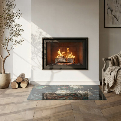 Glass hearth for wood stove rectangular Floral pattern with butterflies