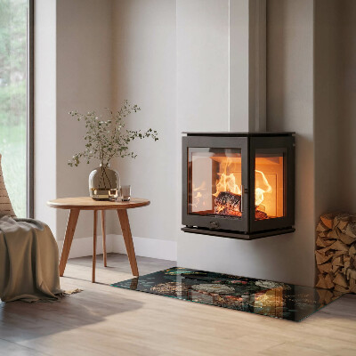 Glass hearth for wood stove rectangular Floral pattern with butterflies