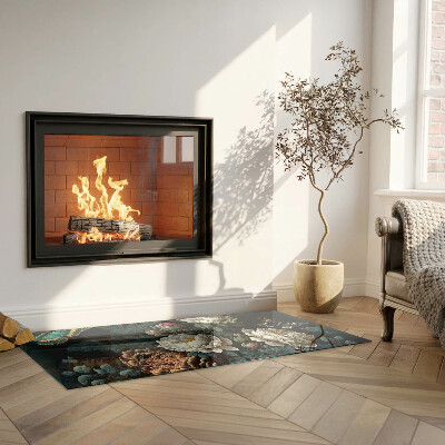 Glass hearth for wood stove rectangular Floral pattern with butterflies