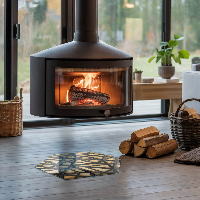 Glass hearth for log burner hexagonal Modern shapes with a wooden accent