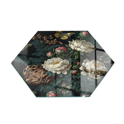 Glass hearth plate hexagonal Floral motif with butterflies
