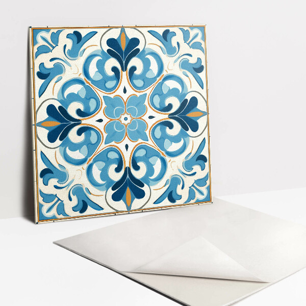 Self adhesive vinyl floor tiles Blue and gold ornament