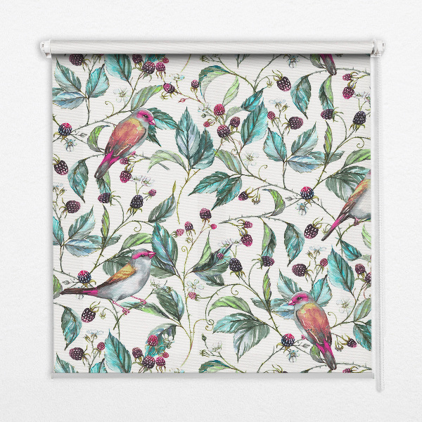 Roller blind for large window Blue leaves and colorful birds