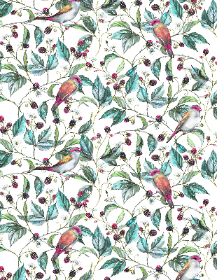 Roller blind for large window Blue leaves and colorful birds