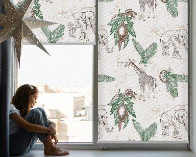 Fabric roller blind Giraffes, elephants and leaves