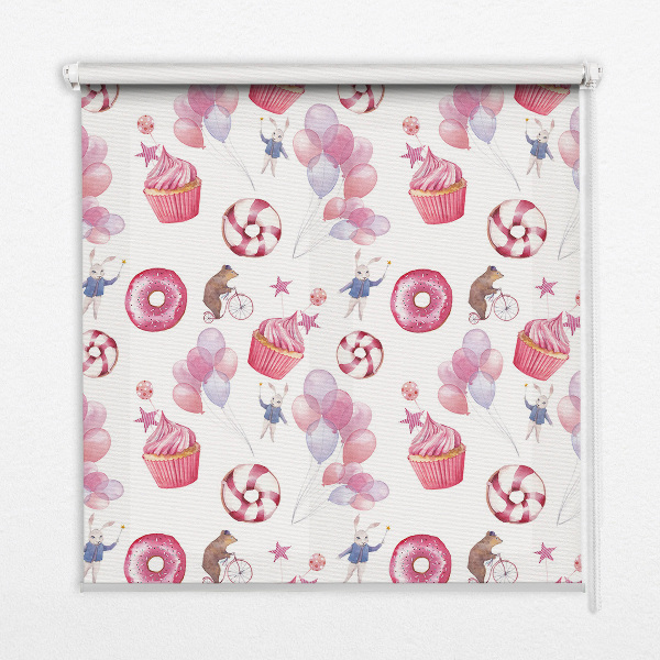 Modern roller blind Pink balloons, donuts, and bunnies