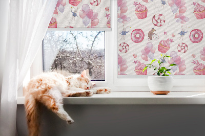 Modern roller blind Pink balloons, donuts, and bunnies