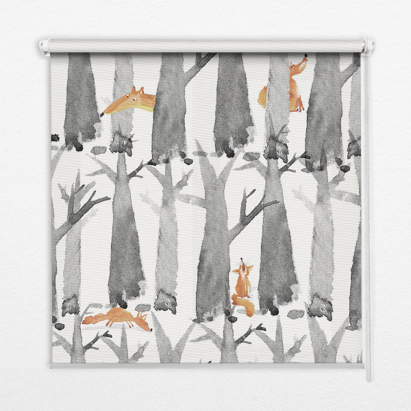 Roller blind for large window Gray trees red foxes
