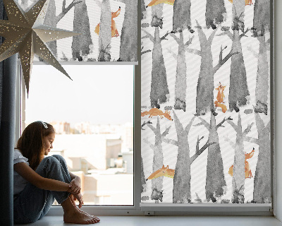 Roller blind for large window Gray trees red foxes