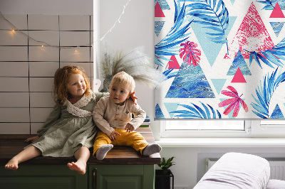 Roller blind for large window Blue leaves and triangles