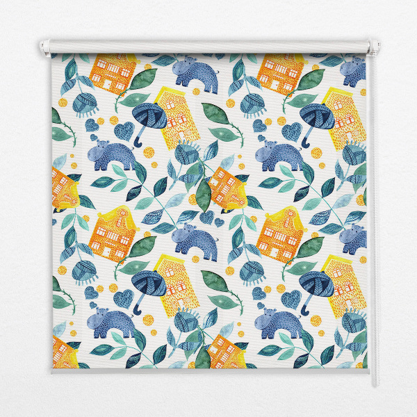 Roller blind for large window Yellow houses blue plants