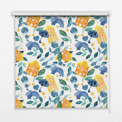 Roller blind for large window Yellow houses blue plants