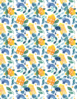 Roller blind for large window Yellow houses blue plants