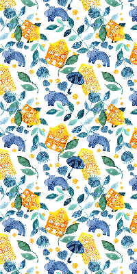 Roller blind for large window Yellow houses blue plants