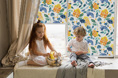 Roller blind for large window Yellow houses blue plants