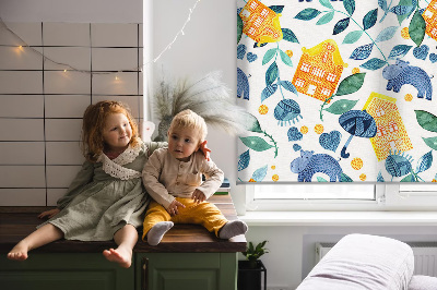Roller blind for large window Yellow houses blue plants