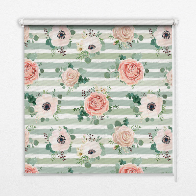 Modern roller blind Roses on green horizontal stripes