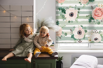 Modern roller blind Roses on green horizontal stripes