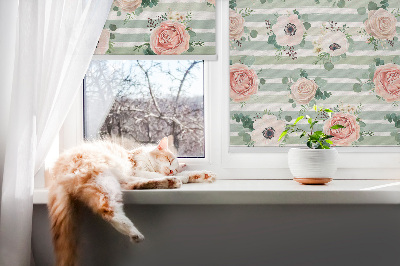 Modern roller blind Roses on green horizontal stripes