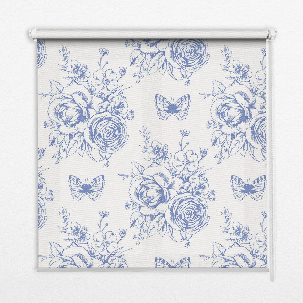 Fabric roller blind Blue flowers and butterflies