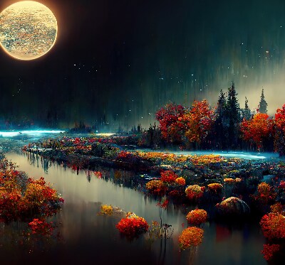 Modern roller blind River in the moonlight