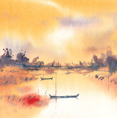 Modern roller blind Sunset over the lake