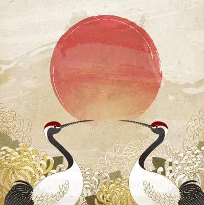 Modern roller blind Cranes at sunset