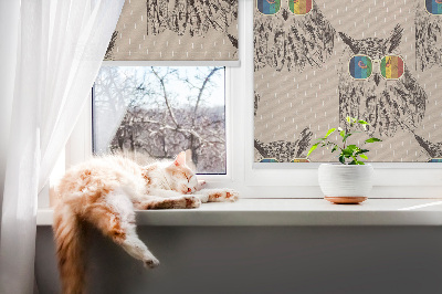 Fabric roller blind for window Owls in colorful glasses