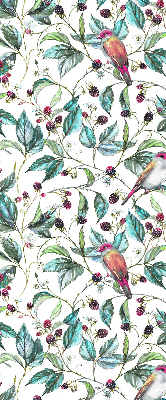 Fabric roller blind for window Blue leaves and colorful birds