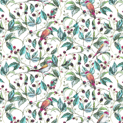 Fabric roller blind for window Blue leaves and colorful birds
