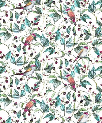 Fabric roller blind for window Blue leaves and colorful birds