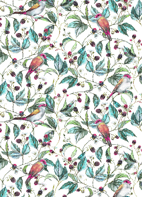 Fabric roller blind for window Blue leaves and colorful birds