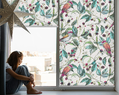 Fabric roller blind for window Blue leaves and colorful birds