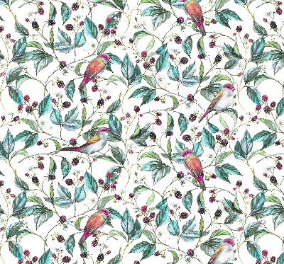 Fabric roller blind for window Blue leaves and colorful birds