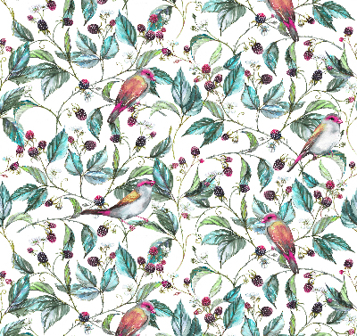 Fabric roller blind for window Blue leaves and colorful birds