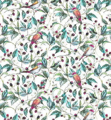 Fabric roller blind for window Blue leaves and colorful birds