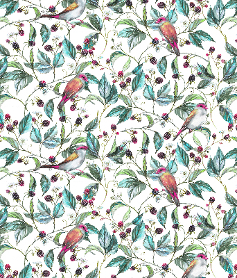 Fabric roller blind for window Blue leaves and colorful birds