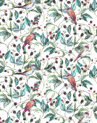 Fabric roller blind for window Blue leaves and colorful birds