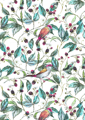Fabric roller blind for window Blue leaves and colorful birds