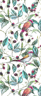 Fabric roller blind for window Blue leaves and colorful birds