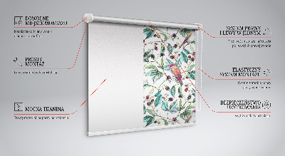 Fabric roller blind for window Blue leaves and colorful birds