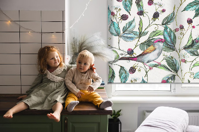 Fabric roller blind for window Blue leaves and colorful birds