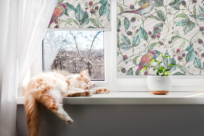 Fabric roller blind for window Blue leaves and colorful birds