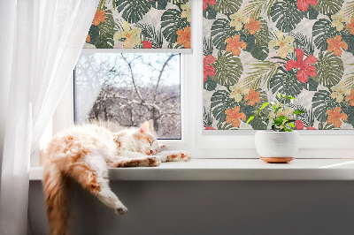 Fabric roller blind for window Tropical flowers and leaves