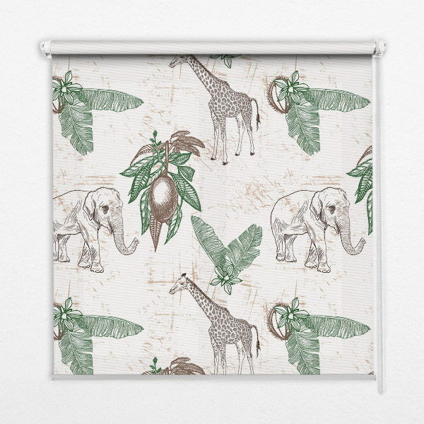 Blackout roller blind Giraffes, elephants and leaves